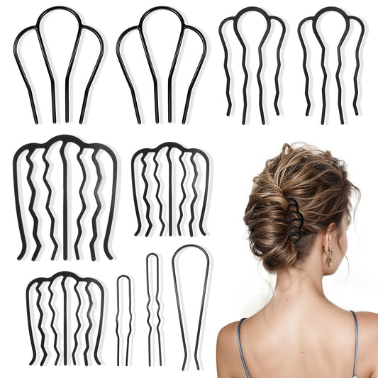 10 Pcs Hair Side Combs Metal Hair Fork Clip Teeth U Shape Hair Pin Stick for Updo Bun U Shape French Twist Hair Comb for Vintage Hairstyle Hair Styling Combs for Thick Hair Accessories Black