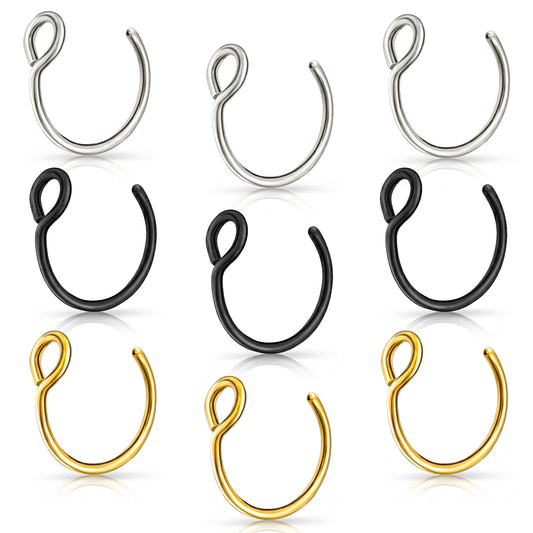 DIVINA VITAE 9Pcs Fake Nose Ring Hoop Clip On Non Piercing Lip Rings 20G 8mm Stainless Steel No Pierced for Women Men Silver Gold Black