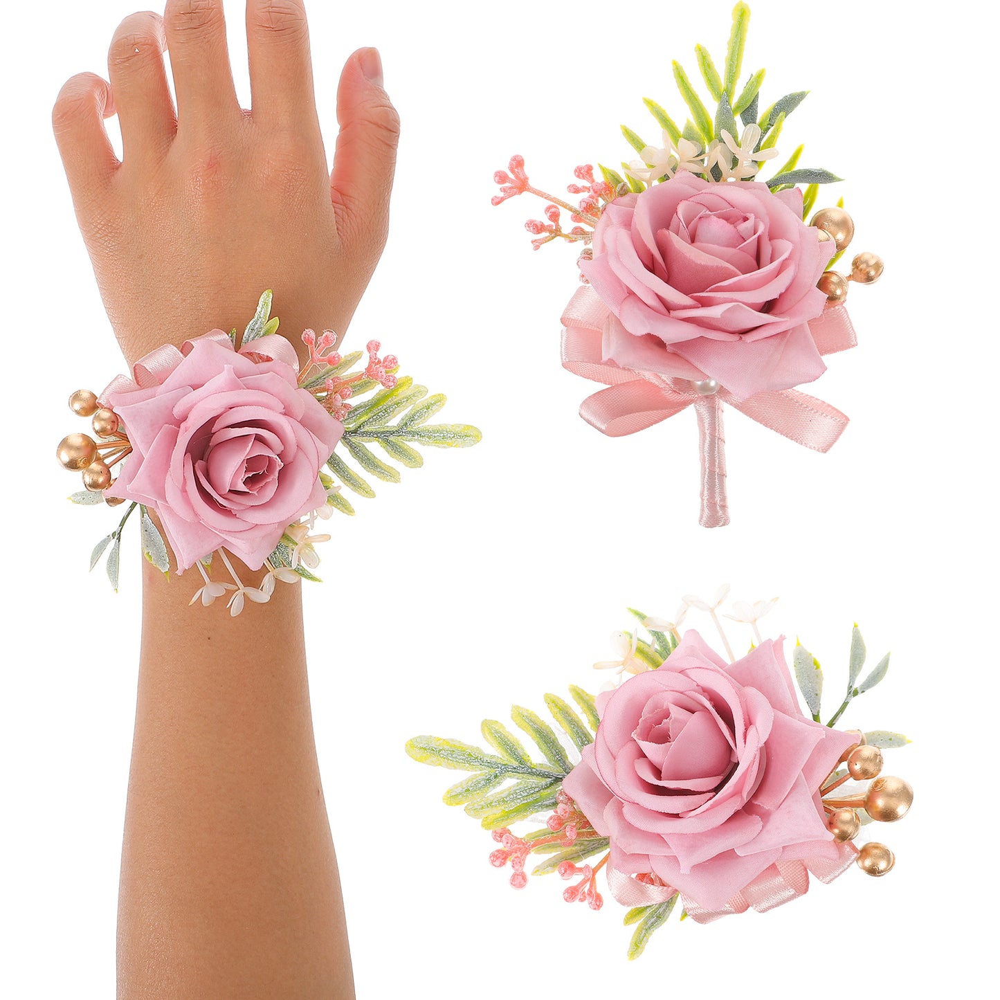 2 Pcs Pink Corsage and Boutonniere Set for Bride Groom Bridesmaids Groomsmen Wedding Homecoming Artificial Flower Prom Wrist Corsage Rose Boutonniere and Wrist Corsages Flower Party Accessories