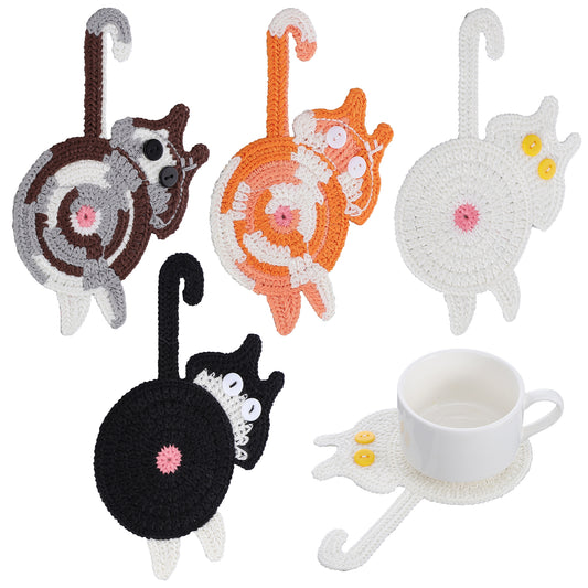 Cat Drink Coaster, Woven Coasters For Drinks, Cat Themed Gifts, Desk Accessories, 4 Pack