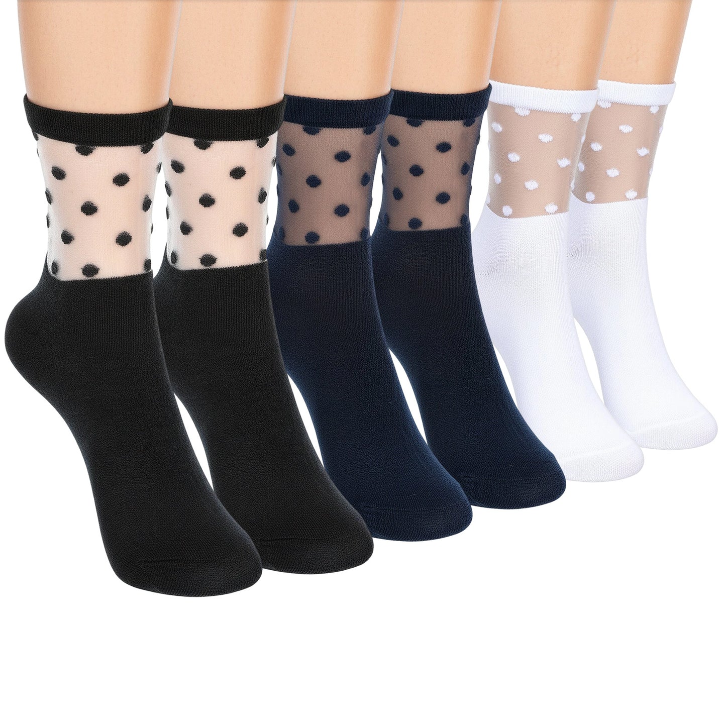 Yolev 6 Pairs Half Sheer Ankle Socks Lace Polka Dot Socks for Women Ultra Soft Ankle Stockings for Women Fashion See Through Sock