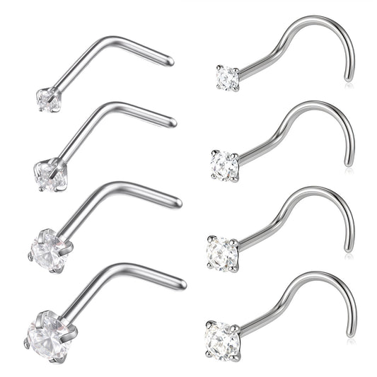 Tucnoeu 8pcs Nose Rings Studs, Silver Corkscrew Noses Studs for Unisex