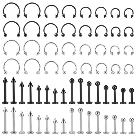 Lusofie 64 Pcs Lip Rings Snake Bite Lip Piercing Jewelry 16G Stainless Steel Helix Earring Daith Tragus Cartilage Studs Horseshoe Labret Jewelry for Women Men