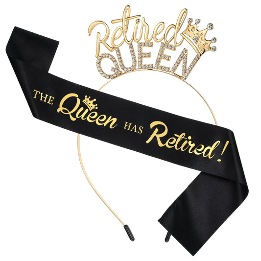 Black Gold Retirement Sash Headband, Retirement Decorations for Women, The Queen Has Retired Sash, Queen Theme Glitter Rhinestone Retirements Headband for Party