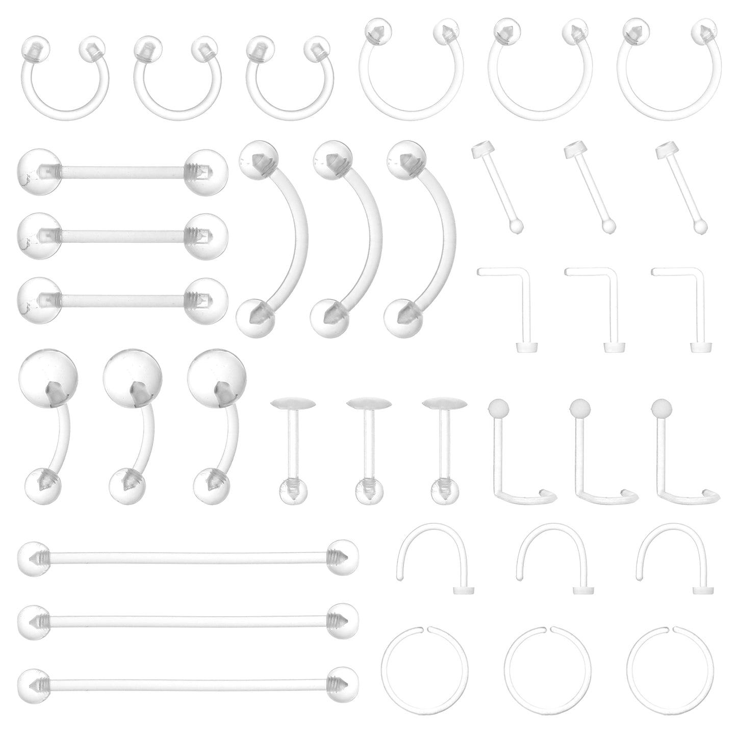 Neyauo Clear Piercing Retainers - 36Pcs Plastic Piercings for Nose Rings Studs Tongue Belly Ring Eyebrow Septum Nipple Lip Labret Tragus Cartilage Earring for Work