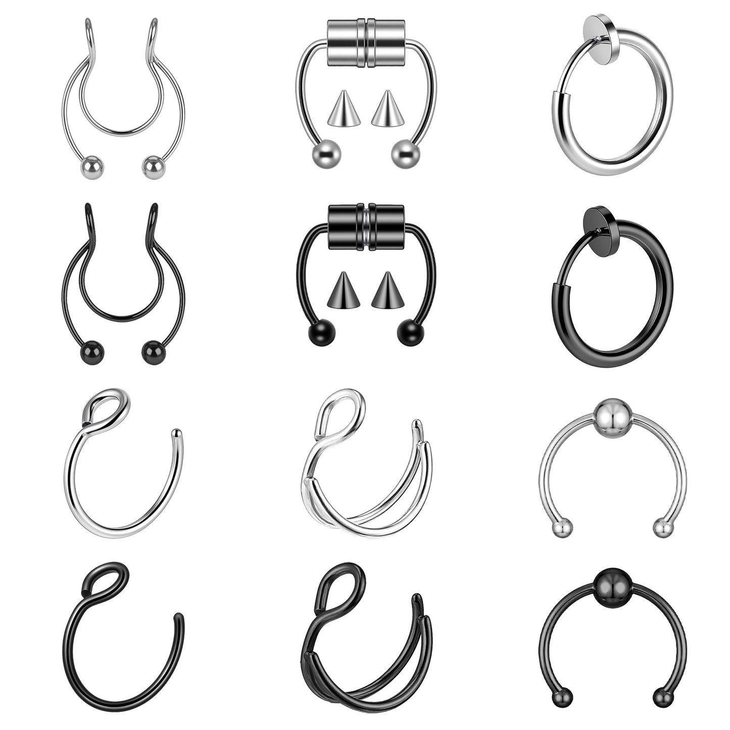 HaiFafafaing 12 Pcs Fake Nose Ring - Stainless Steel Fake Piercings - Clip On Septum Nose Ring Non Piercing for Women and Men