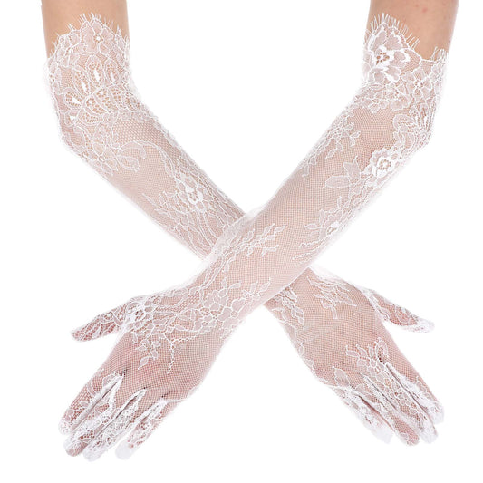 HaiFafafaing Lace Gloves Women Long Floral Mesh Tulle Sheer Opera Gloves Tea Party Elbow Length Wedding Bridal Party Cosplay(White)