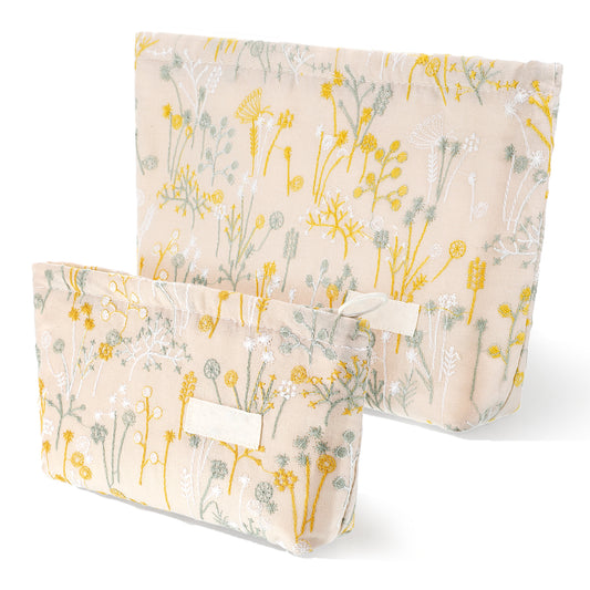 Embroidery Large Cosmetic Bag, Flower Travel Makeup Bags Organizers with Small Cosmetic Pouch Zipper Toiletry Bags for Purse Women(Yellow Flower