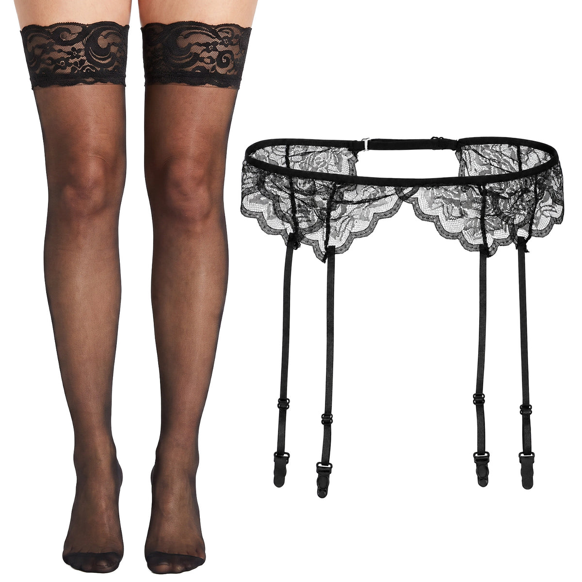 Ziuohaa 2pcs Black Lace Garter Belt and Thigh Highs Set For Women Halloween