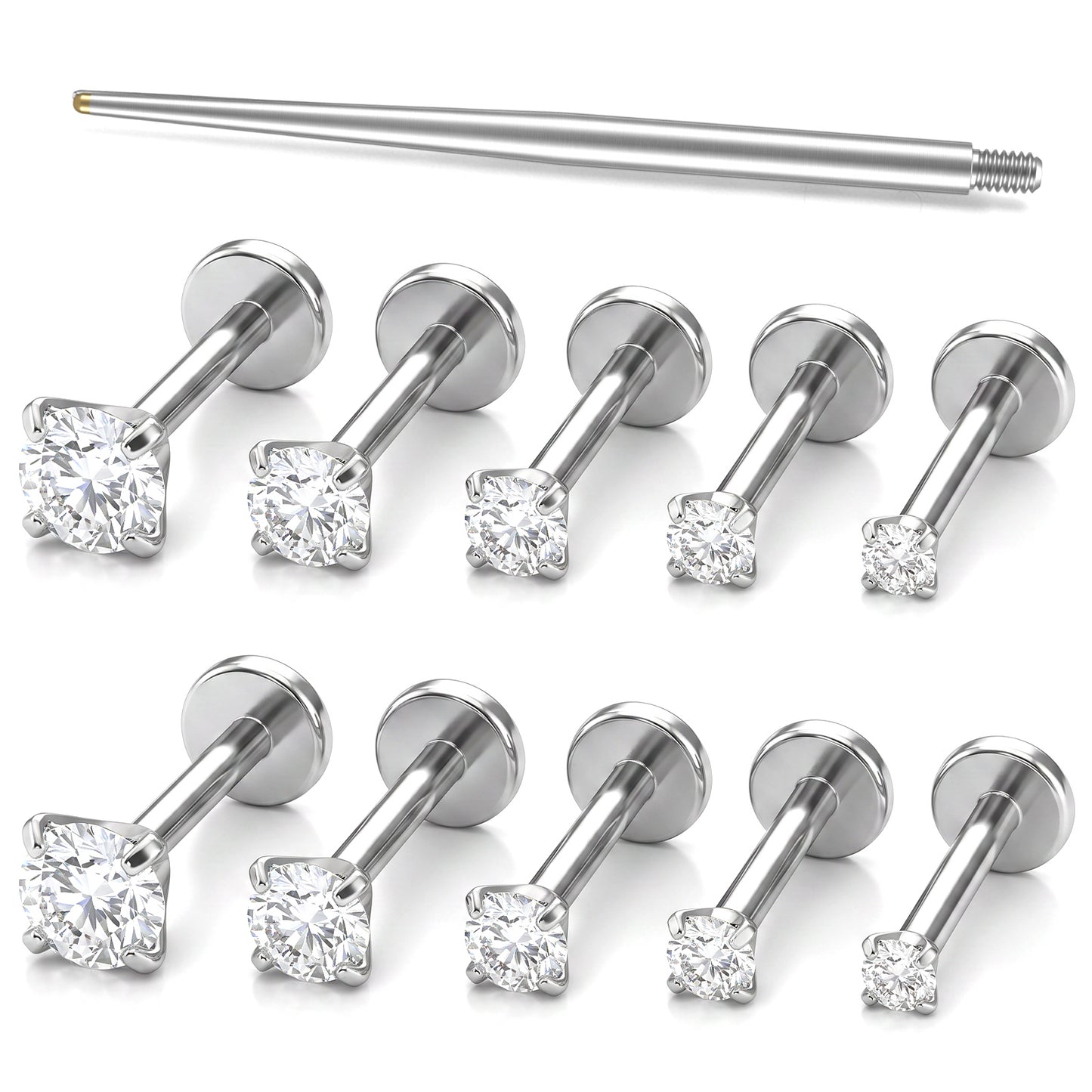 5 Pairs 18G Flat Back Stud Earrings Surgical Steel Stack Cartilage Earrings Silver Internally Threaded CZ Stud Piercing Jewelry for Women Men Tragus Helix Cartilage Conch Nose Lip Labret Piercing
