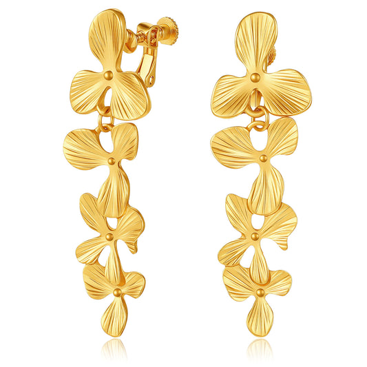 Gold Clip On Earrings for Women Flower Dangle Earrings Large Statement Floral Earring No Piercing Jewelry