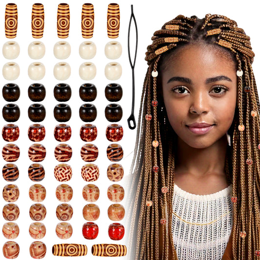 60pcs Wood Beads for Crafts, Large Hole Natural Wooden Hair Beads,Vintage Wooden Spacer Bead for Macrame Necklace Bracelet DIY Craft Handmade Decor