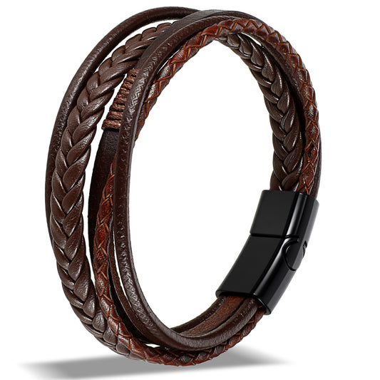 Neyauo Mens Leather Bracelet with Clasp Multi-Strand Wrap Bracelets Brown Braided Bracelet for Dates, Parties and Daily Wear