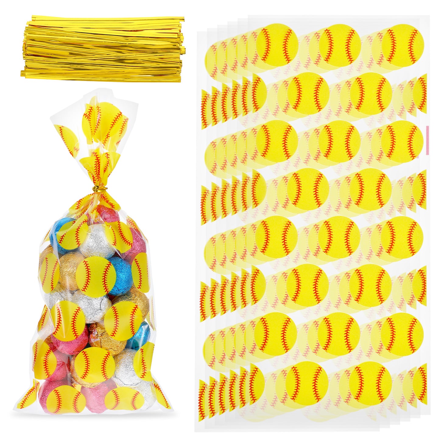 100 Pcs Softball Gift Bag, Clear Softball Goodie Bags, Plastic Snack Bags with Twist Ties, Snack Goodie Candy Cookies Cellophanes Bag Baseball Gold Balls Game Team Party Favor Supplies