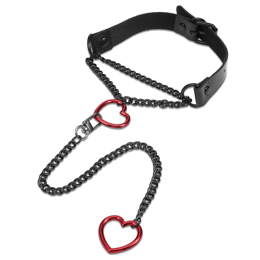 Josojoou Heart Slip Chain Necklace for Women, Stainless Steel O-Ring Adjustable Black Leather Choker Necklace Punk Gothic Cuban Collar Choker Necklaces with Swivel Clasp & Heart Charm