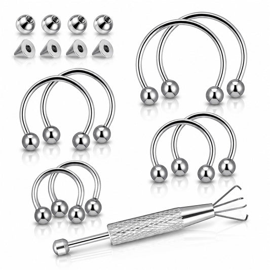HekouJiub 16G Horseshoe Septum Rings 6/8/10/12mm with Tool & Ball Grabber