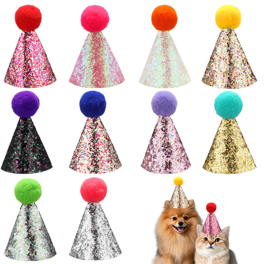 10 Pcs Multi-Color Cat Birthday Hat, Mini Small Dog Hats with Sequins, Mini Party Hats for Stuffed Animals,Birthday Party Cone Hat for Dolls Dog Cat Rabbit,Pet Grooming Costume Accessories