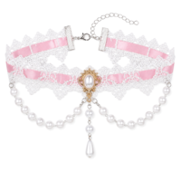 Josojoou White Lace Choker Necklace, Gothic Peal Pendant Collar Necklace