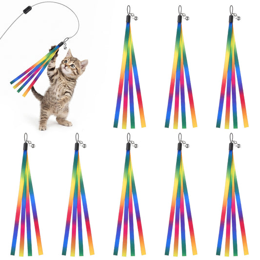 Josojoou 8PCS Rainbow Cat Fishing Pole Toy, Rainbow Ribbon Cat Toys Wand with Bells, Cats Wand Attachments, for Cats' Play, Exercise and Chasing Activities