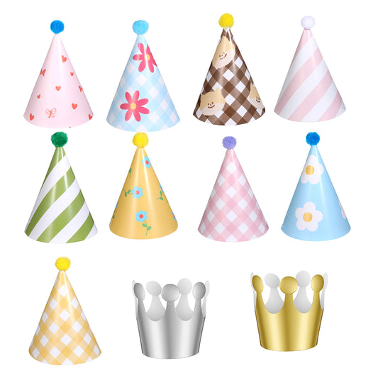 Josojoou 11PCS Birthday Hats for Stuffed Animals, Paper Mini Birthday Hats for Stuffed Animals, 9 Cone Hat with Pom Poms, 2 Paper Crowns, for Plush Toys and Baby's First Birthday;s Party