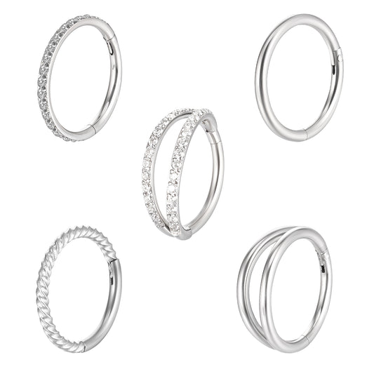 Lusofie 5Pcs 18G nose hoop - 8mm Surgical Steel conch hoop for Women men - Silver Earrings Tragus Septum Piercing CZ Clicker Septum Ring Cartilage Lip Earring Hoops Piercing Jewelry