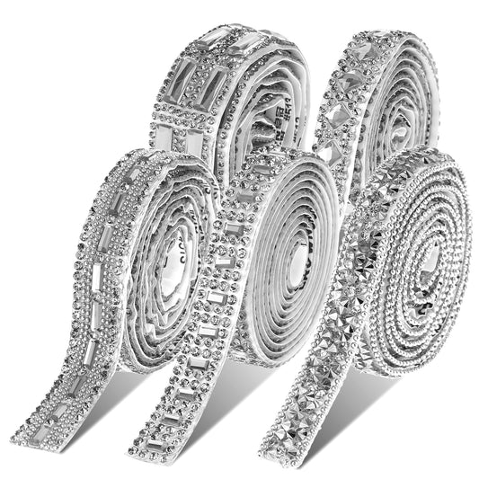 Rhinestone Tape Self Adhesive Rhinestone Strips 5 Rolls Bling Diamond Rhinestone Ribbons for DIY Phone Car Rhinestone Hat Band Decorations (Silver)
