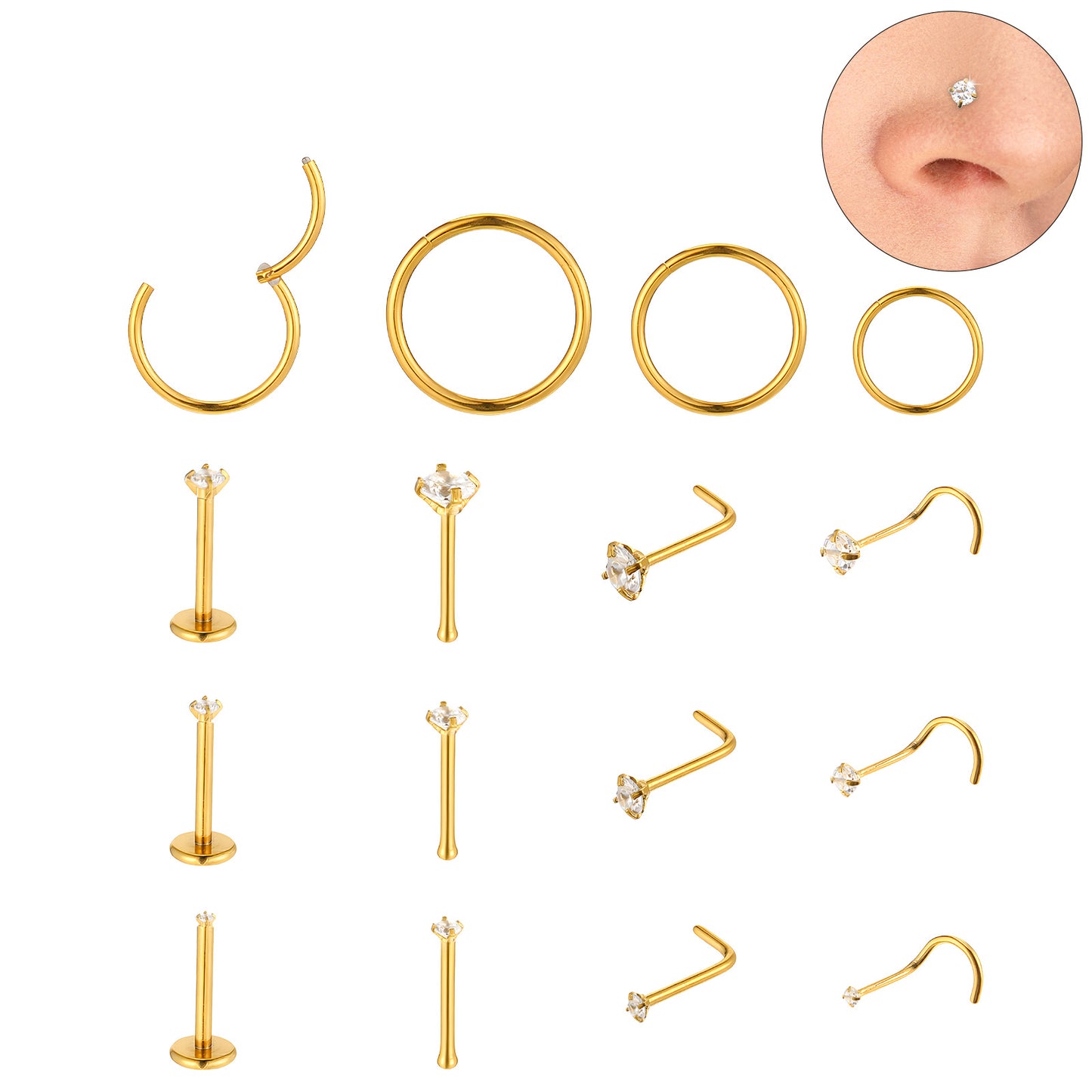 Josojoou 16Pcs 14k Gold Filled Nose Ring Studs Hoops, 18G/20G Surgical Steel Nostril Piercing Jewelry L Shaped/Corkscrew/Straight/Push Back Nostril Gold Nose Studs for Women Men