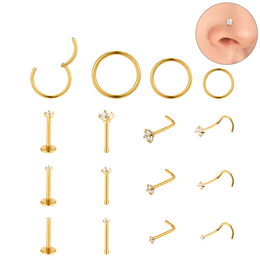 Josojoou 16Pcs 14k Gold Filled Nose Ring Studs Hoops, 18G/20G Surgical Steel Nostril Piercing Jewelry L Shaped/Corkscrew/Straight/Push Back Nostril Gold Nose Studs for Women Men