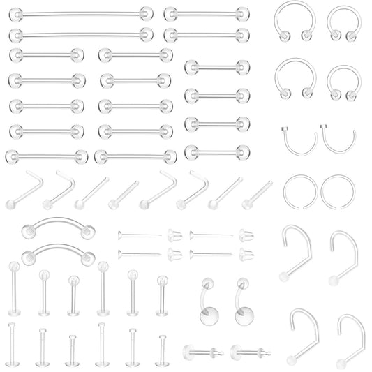 60 Pcs Clear Piercing Retainers for Surgery Bioflex Plastic Jewelry for Nose Ring Septum Retainer Eyebrow Lip Cartilage Tragus Earrings Belly Nipple Tongue Industrial Lip Labret Rings Studs for Work