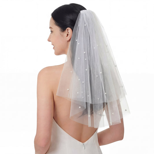 Bride Veil, Short White 22.4 Inch Bachelorette Veil With Pearls - Elegant Tulle Comb Hold, Bridal Bridesmaid Gift for Women and Girls