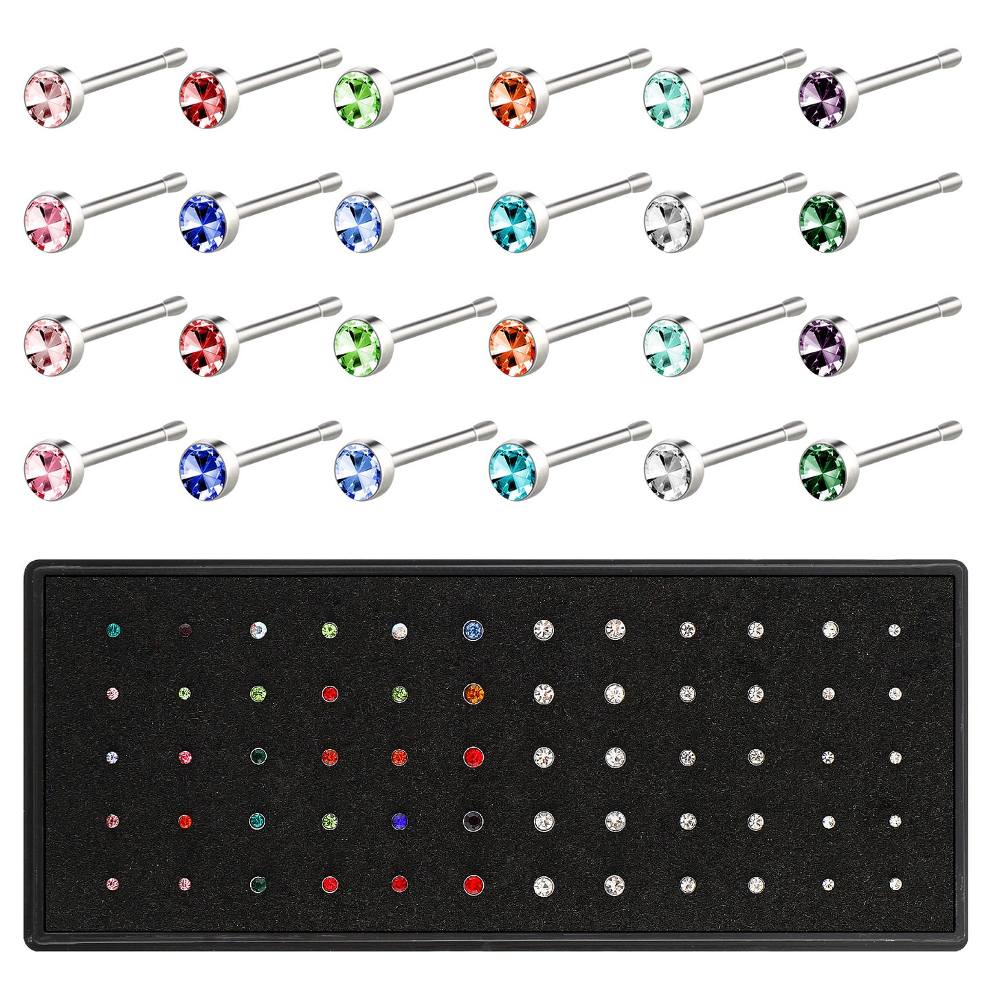 HaiFafafaing 60 Pcs Straight Nose Studs 20g Mix Color Silver Nose Studs Surgical Steel Body Noses Piercing Jewellery With Crystal For Women Men Gift 1.5mm/2mm/2.5mm