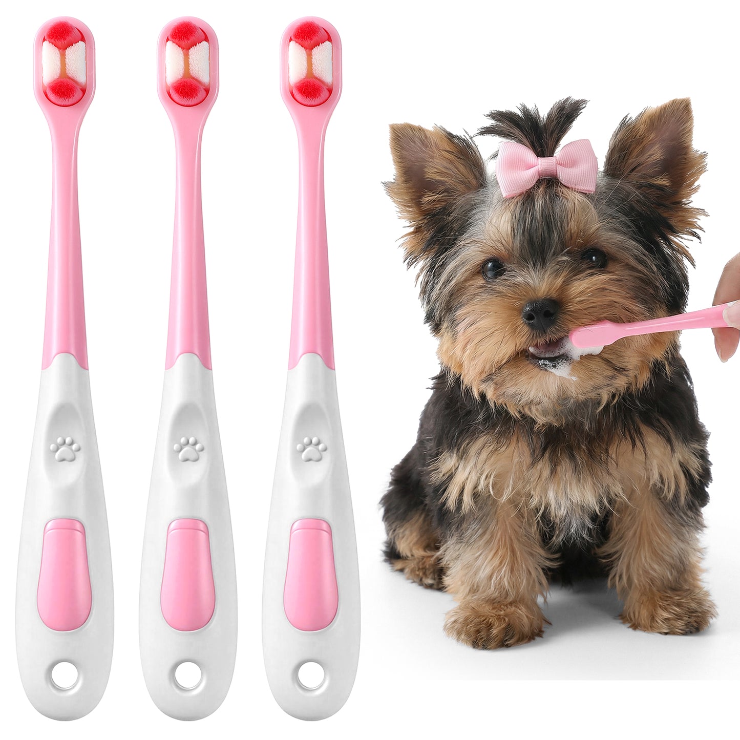 Small Dog Toothbrush for Puppy & Cat, 3 Pcs Ultra Soft Pet Toothbrush Kit, Gentle Deep Dental Clean Teeth Brush for Kitten, Tiny, Small to Medium Dogs, Cats, Oral Care Supplies (Pink)