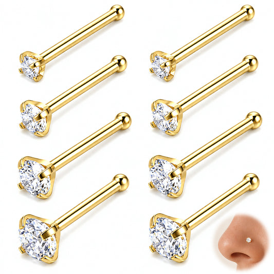 8Pcs 20G Gold Nose Ring Stud L Shaped Straight Nose Rings for Women Men