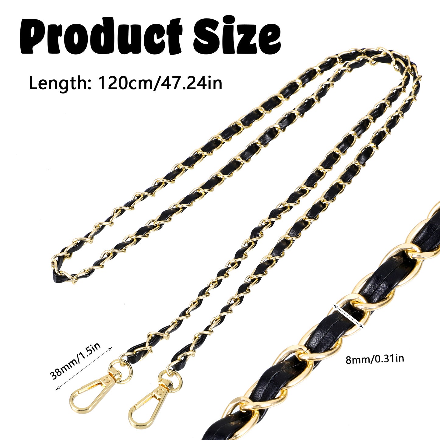 Lusofie 47.2" Metal Chain Strap, Chain Purse Strap, DIY Purse Chains Accessories for Shoulder Bag Crossbody and Handbag with Metal Buckles(Black and Gold)
