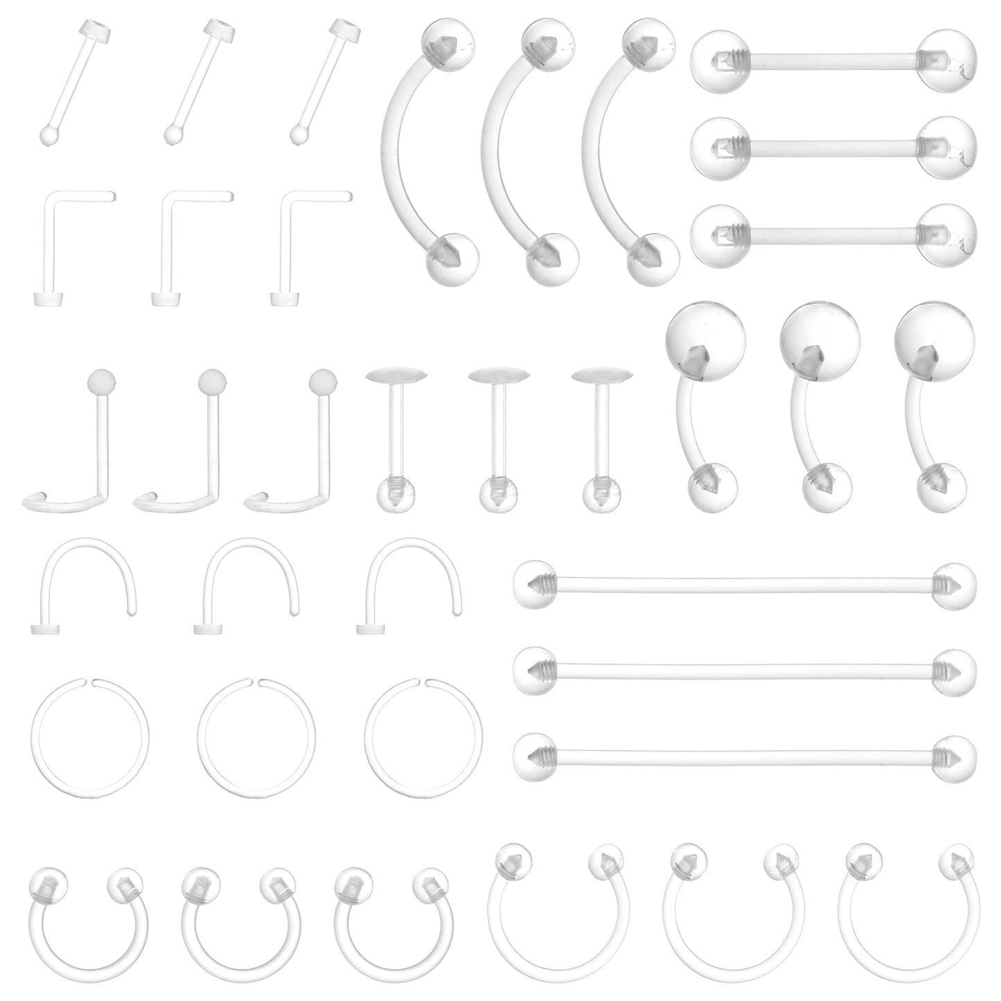 Telooco 36Pcs Clear Piercing Retainers Bioflex Plastic Piercings for Surgery Nose Rings Studs Tongue Belly Ring Septum Eyebrow Nipple Lip Labret Tragus Cartilage Earring Industrial Bar for Work