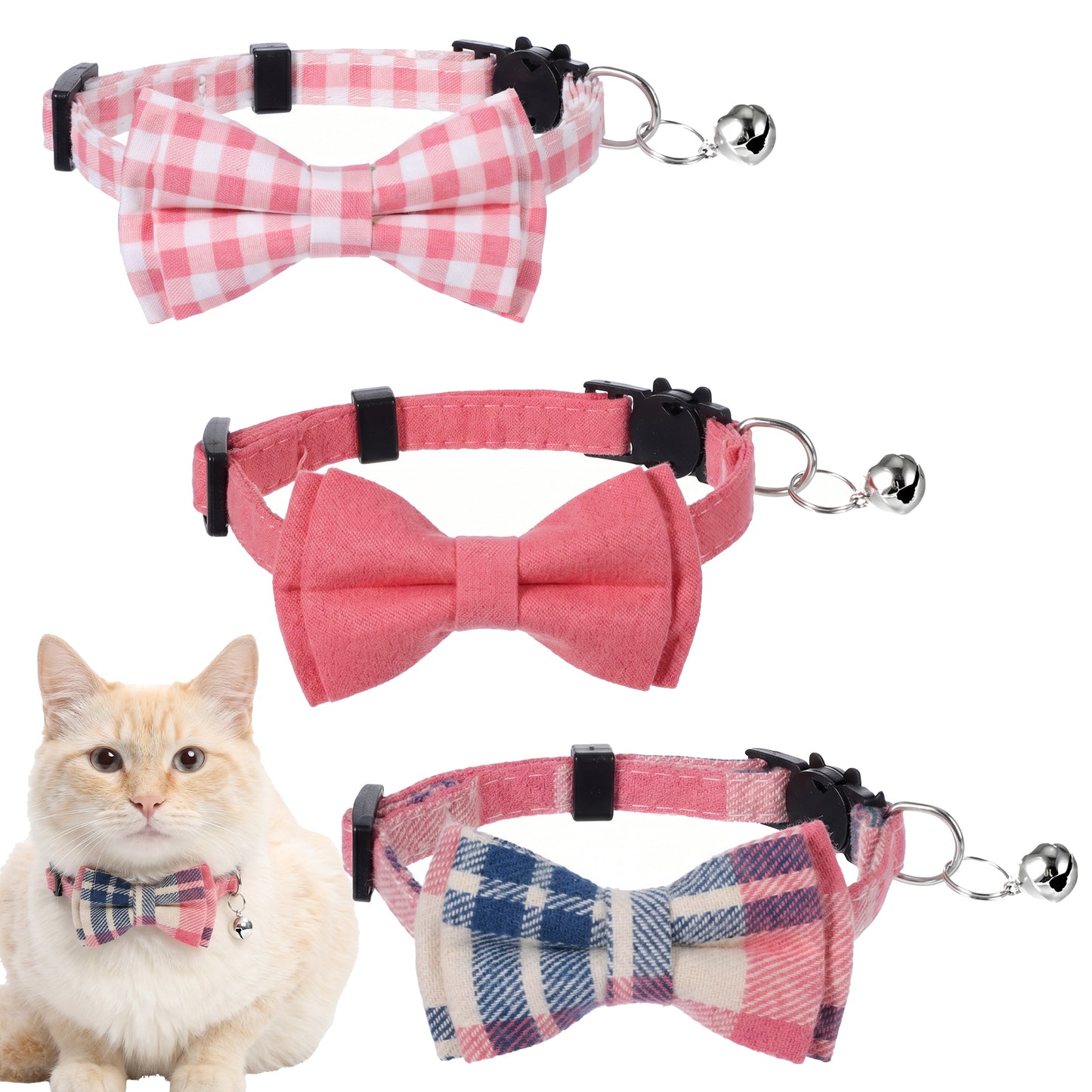3pcs Bow Tie Cat Collar with Bells, Breakaway Bowtie Plaid Cat Collar, Soft Adjustable Bow Cats Collars for Kitten Puppy and Small Pets