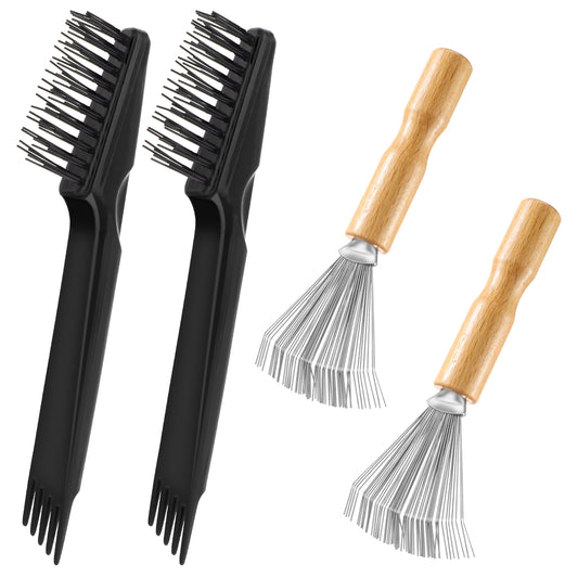 Telooco 4Pcs Hair Brush Cleaner Tool, Mini Comb Cleaner Set, Wooden Handle Metal Wire Hair Brush Rake, Hairbrush Cleaning Tool for Removing Dust Home Salon Use (Black)