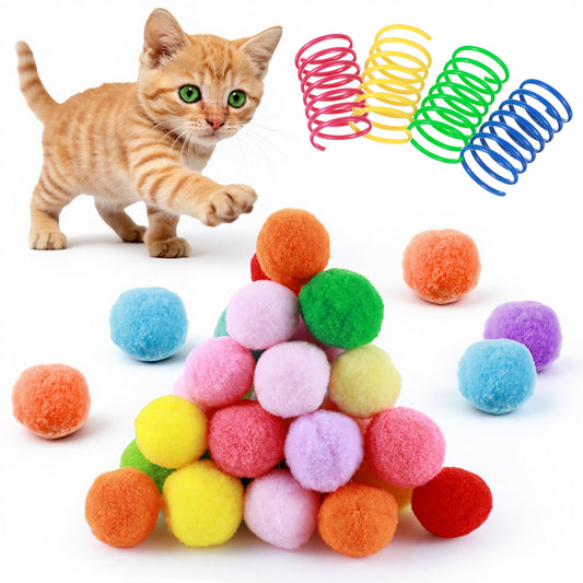 Yolev 30 Pcs Cat Pom Pom Balls Interactive Cat Toy Balls 1.3in Assorted Colors Fuzzy Cats Puff Ball with4 Pcs Cats Spring for Kitten Playing Swatting Biting Exercising