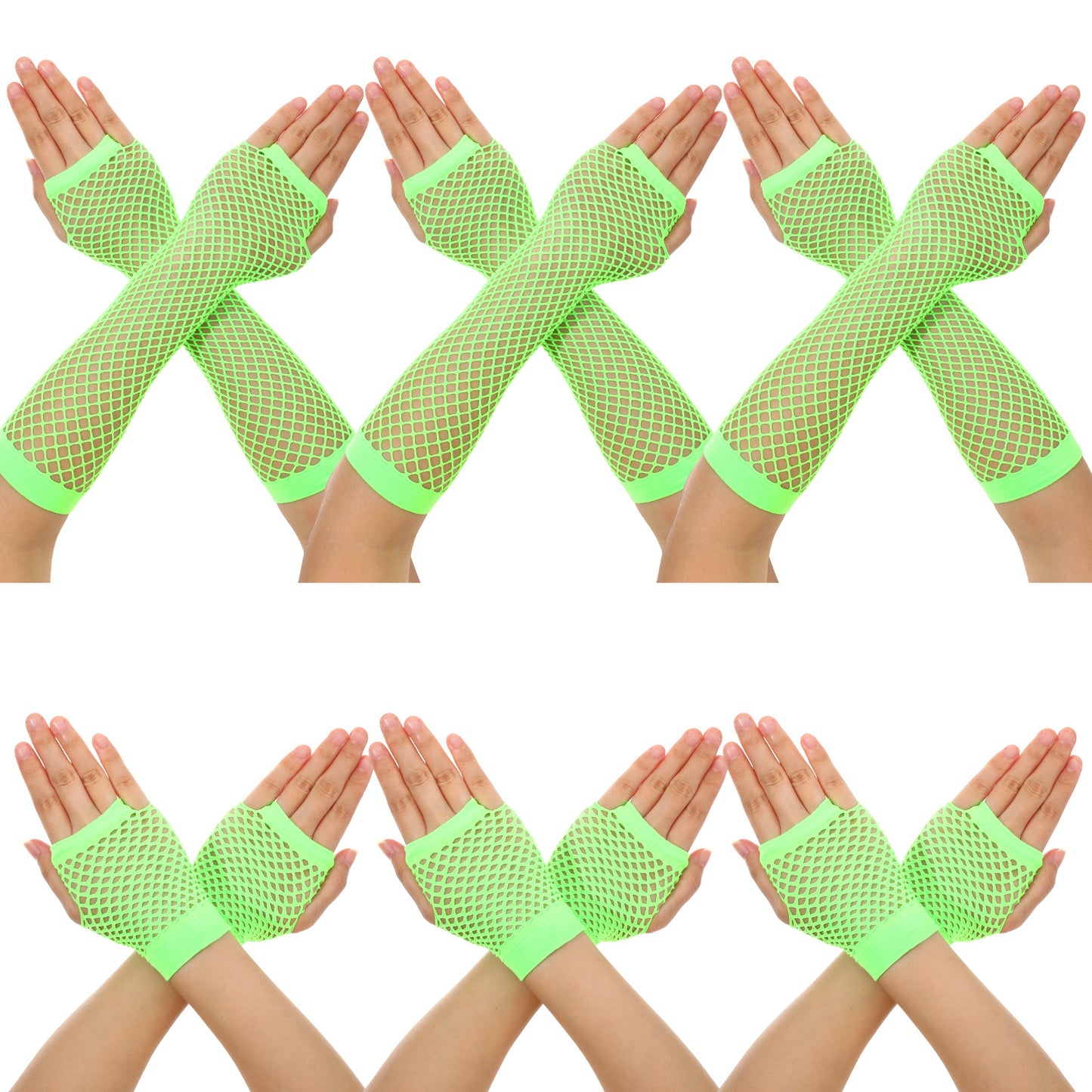 Fishnet Gloves, 6 Pairs Fingerless Fish Net Gloves for Women, Long and Short Stretch Retro Arm Sleeves Halloween Outfit(Light Green)