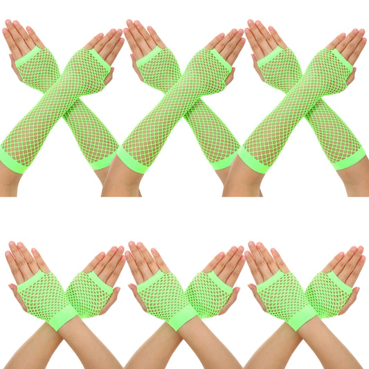 Fishnet Gloves, 6 Pairs Fingerless Fish Net Gloves for Women, Long and Short Stretch Retro Arm Sleeves Halloween Outfit(Light Green)