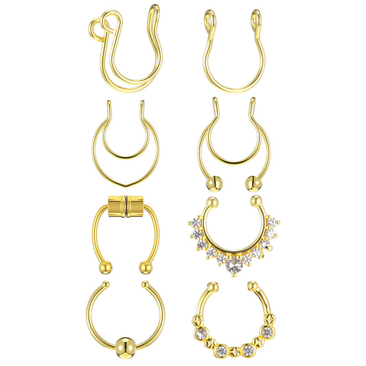 HaiFafafaing 8pcs Fake Nose Ring Gold Fake Septum Piercing Magnetic Clip on Fakes Piercings Stainless Steel Non Piercing Jewellery For Women Men