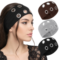3Pcs Punk Grommet Headband with Hollowed Out Eyelets, Wide Elastic Headbands with Holes, Stretchy Metal Rock Y2K Hair Bands for Women Sports Casual Daily Wear