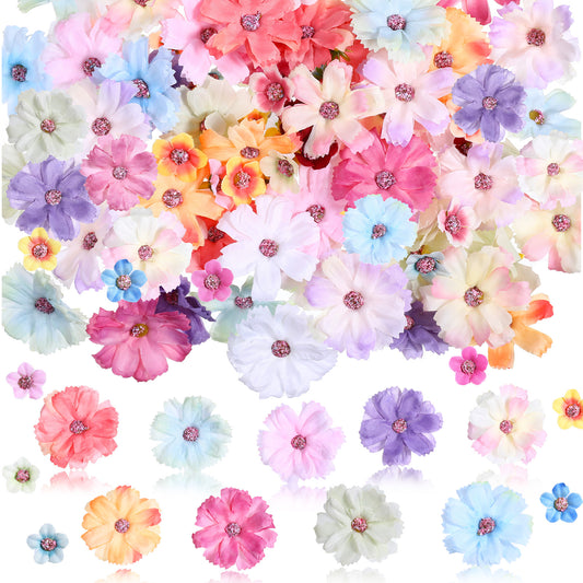 Meyeyaia 100PCS Mini Flowers for Crafts, Small Fake Flower Heads, Daisy Orchids, Fabric Fake Flowers for Crafts Suitable for DIY Wreaths, Weddings, Home Decoration