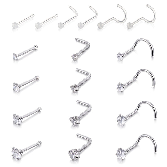 Fosaseua 18PCS 20G Stainless Steel Clear Nose Stud L-shaped/Straight/Spiral