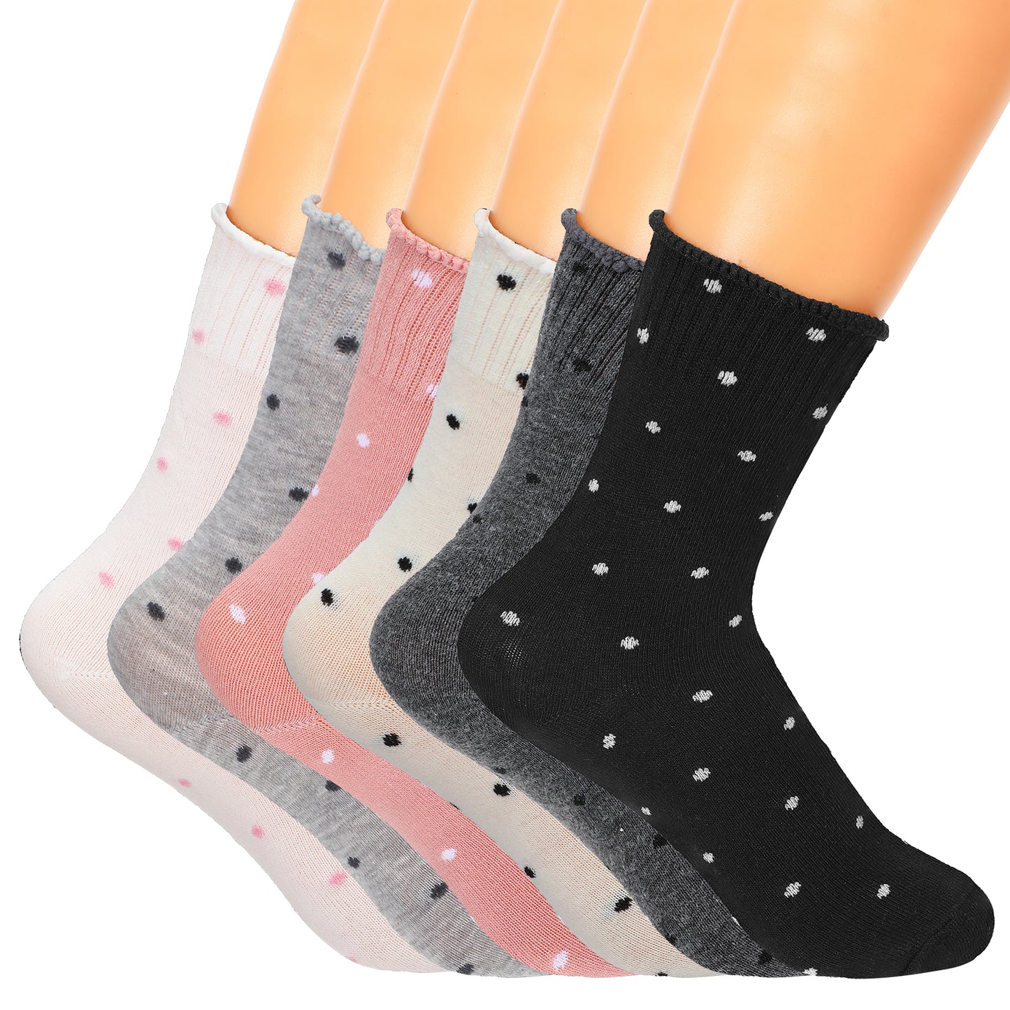 DIVINA VITAE 6 Pairs Women's Ruffle Socks, Casual Ankle Breathable Knit Cotton Cute Polka Dot Crew Frilly Sock, Size 5-9, 6 Colors