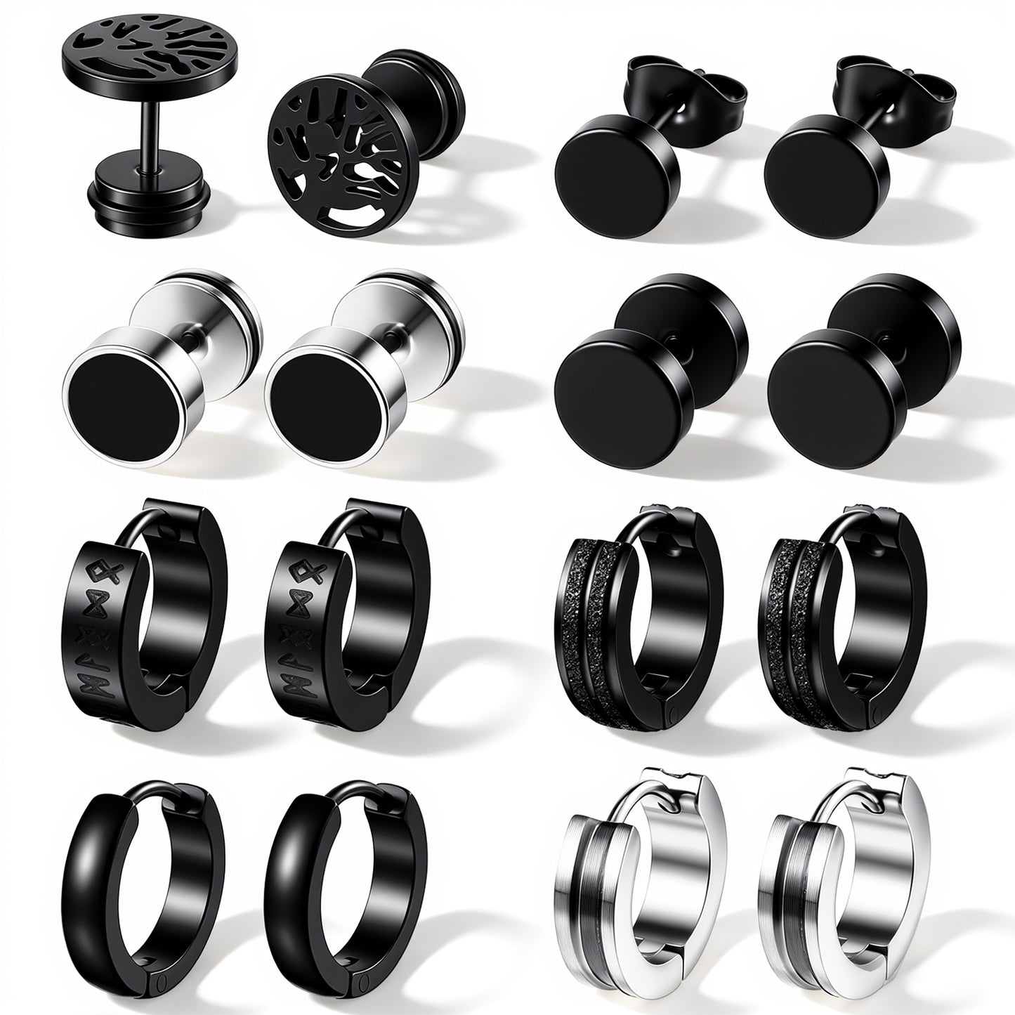 8 Pairs Mens Earrings Stainless Steel Black Earrings for Men Viking Earring Hoop for Men Gothic Punk Round Huggie Hoop Earring Stud