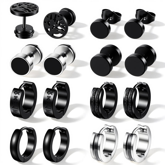 8 Pairs Mens Earrings Stainless Steel Black Earrings for Men Viking Earring Hoop for Men Gothic Punk Round Huggie Hoop Earring Stud