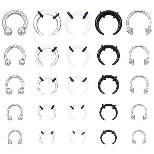 Yolev 25pcs Septum Pincher Tapers 6G 8G 10G 12G 14G Horseshoe Septum Rings Acrylic Stainless Steel Septums Stretching Kit Internally Threaded Spike Ear Cartilage Nose Stretch Kit for Women Men