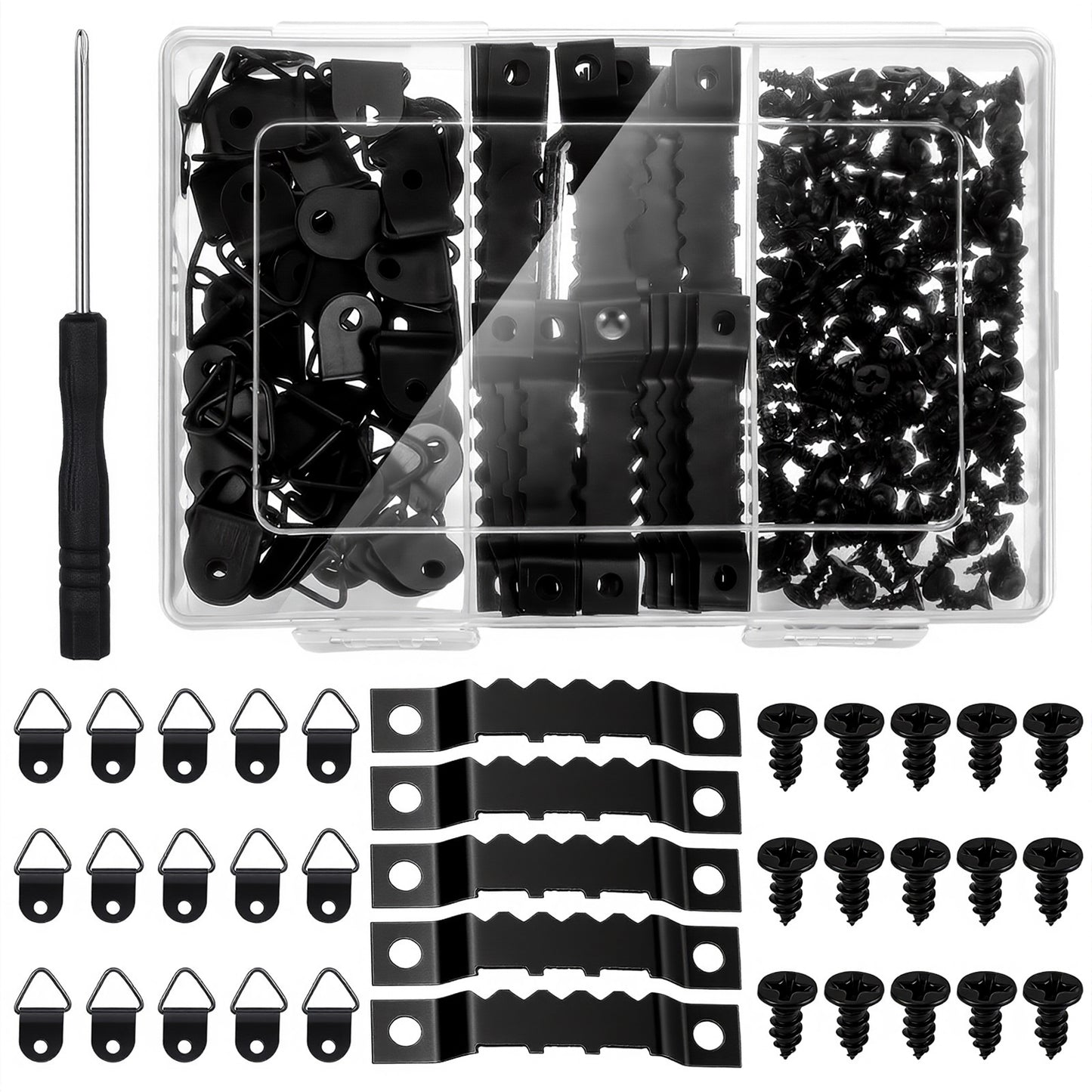 251 Pcs Picture Hanging Kit, 50 Sawtooth Picture Hangers, 50 D Rings, 150 Screws and 1 Screwdriver Heavy Duty Pictures Hanging Hardware for Wall Artworks Frame Mounting