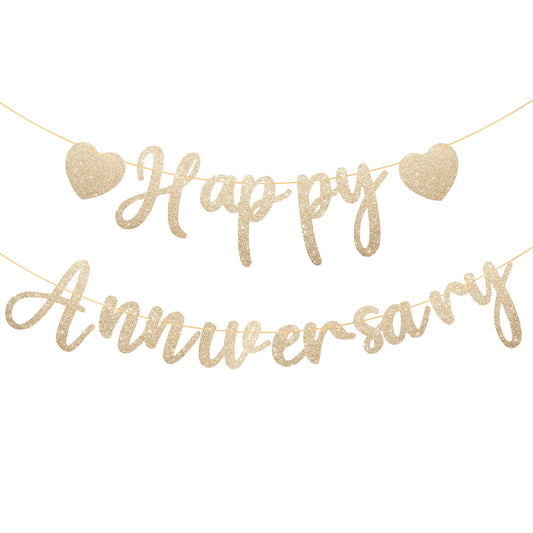 Happy Anniversary Banner Pre-Strung Happy Anniversary Decorations, Gold Glitter Romantic Couples Shower Decorations Banner for Wedding Party Decor Wedding Reception Day